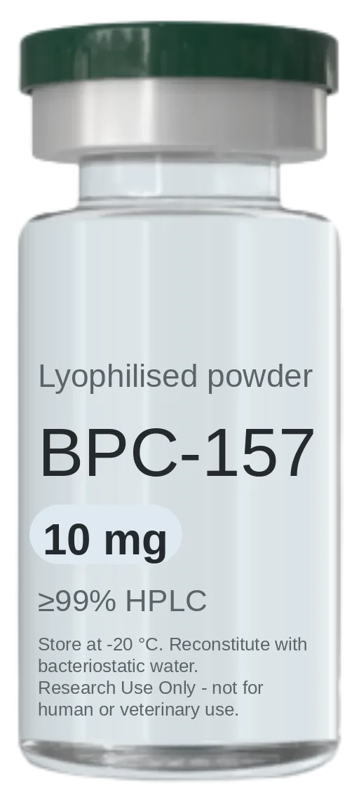 Vial de BPC-157 10 mg — péptido de investigación liofilizado, ≥99% HPLC, rotulado solo para uso en investigación