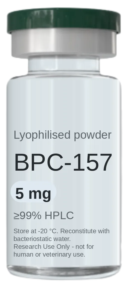 Vial de BPC-157 5 mg — péptido de investigación liofilizado, ≥99% HPLC, rotulado solo para uso en investigación