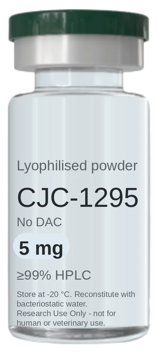 Vial de CJC-1295 (sin DAC) 5 mg — péptido de investigación liofilizado, ≥99% HPLC, rotulado solo para uso en investigación