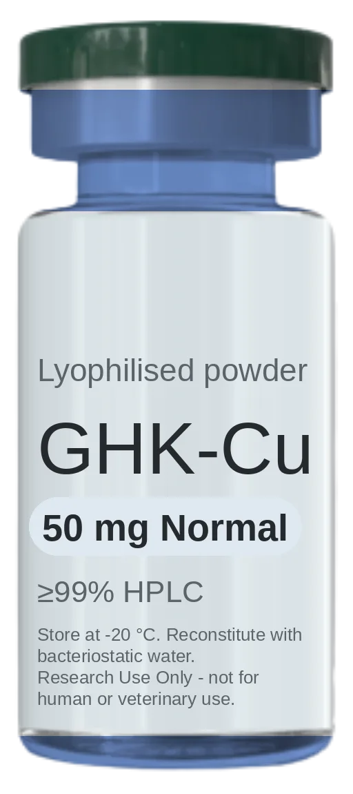 Vial de GHK-Cu (Copper Peptide) 50 mg Normal — péptido de investigación liofilizado, ≥99% HPLC, rotulado solo para uso en investigación