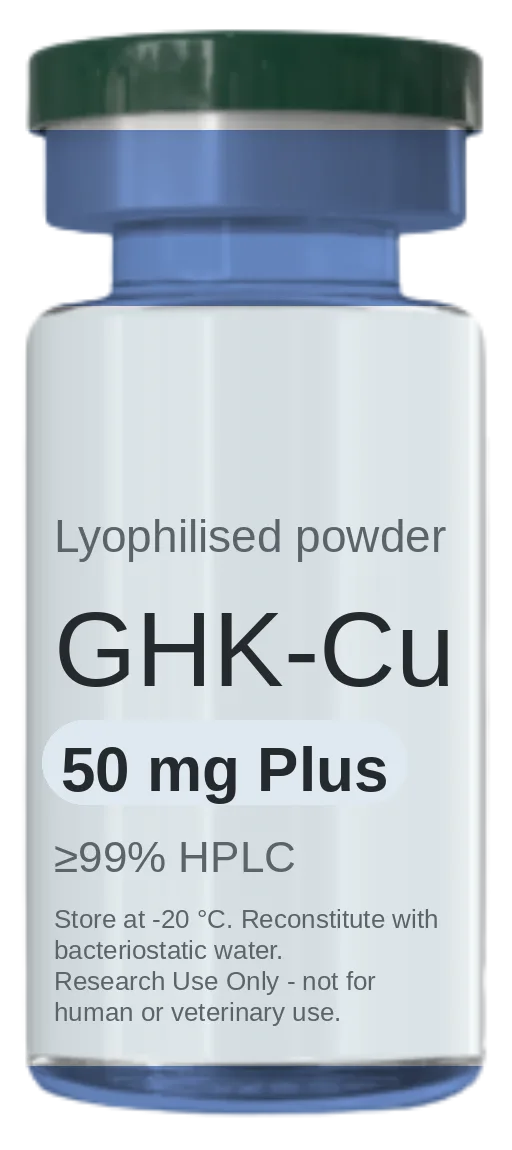 Vial de GHK-Cu (Copper Peptide) 50 mg Plus — péptido de investigación liofilizado, ≥99% HPLC, rotulado solo para uso en investigación