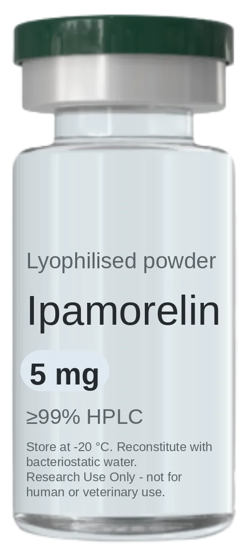 Vial de Ipamorelin 5 mg — péptido de investigación liofilizado, ≥99% HPLC, rotulado solo para uso en investigación