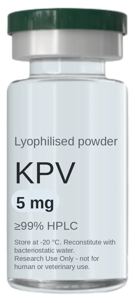 Vial de KPV 5 mg — péptido de investigación liofilizado, ≥99% HPLC, rotulado solo para uso en investigación