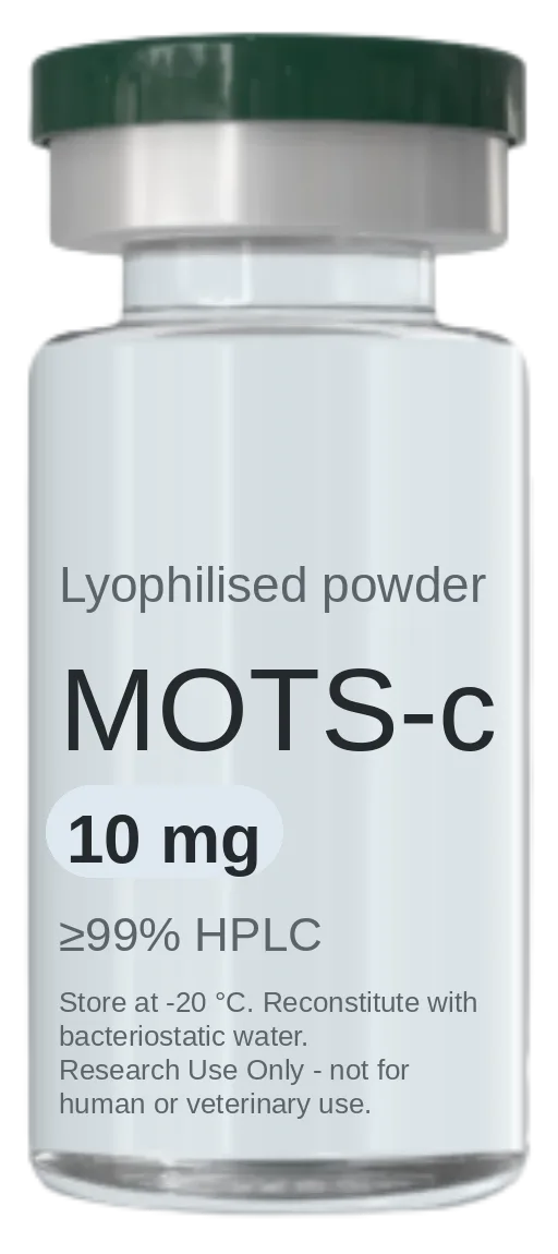 Vial de MOTS-c 10 mg — péptido de investigación liofilizado, ≥99% HPLC, rotulado solo para uso en investigación