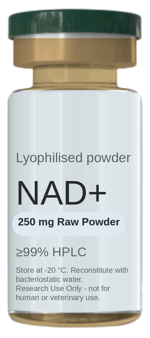 Vial de NAD+ (Nicotinamide Adenine Dinucleotide) 250 mg Raw Powder — péptido de investigación liofilizado, ≥99% HPLC, rotulado solo para uso en investigación