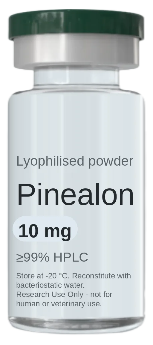 Vial de Pinealon 10 mg — péptido de investigación liofilizado, ≥99% HPLC, rotulado solo para uso en investigación