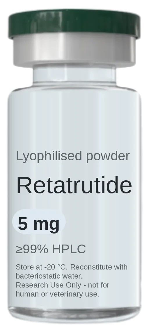 Retatrutide 5 mg vial — lyophilised research peptide, ≥99% HPLC, labelled for research use only