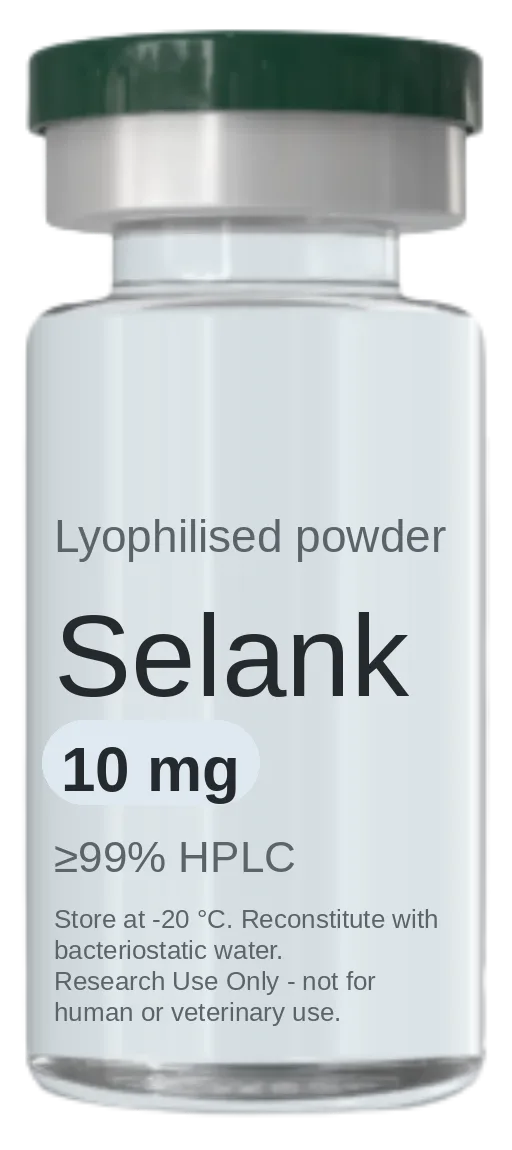 Vial de Selank 10 mg — péptido de investigación liofilizado, ≥99% HPLC, rotulado solo para uso en investigación