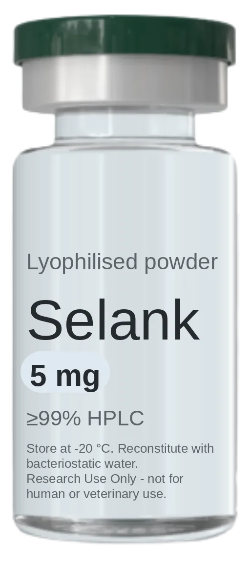 Vial de Selank 5 mg — péptido de investigación liofilizado, ≥99% HPLC, rotulado solo para uso en investigación