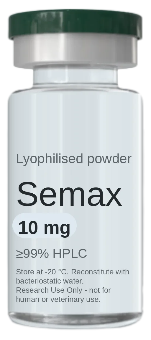 Vial de Semax 10 mg — péptido de investigación liofilizado, ≥99% HPLC, rotulado solo para uso en investigación