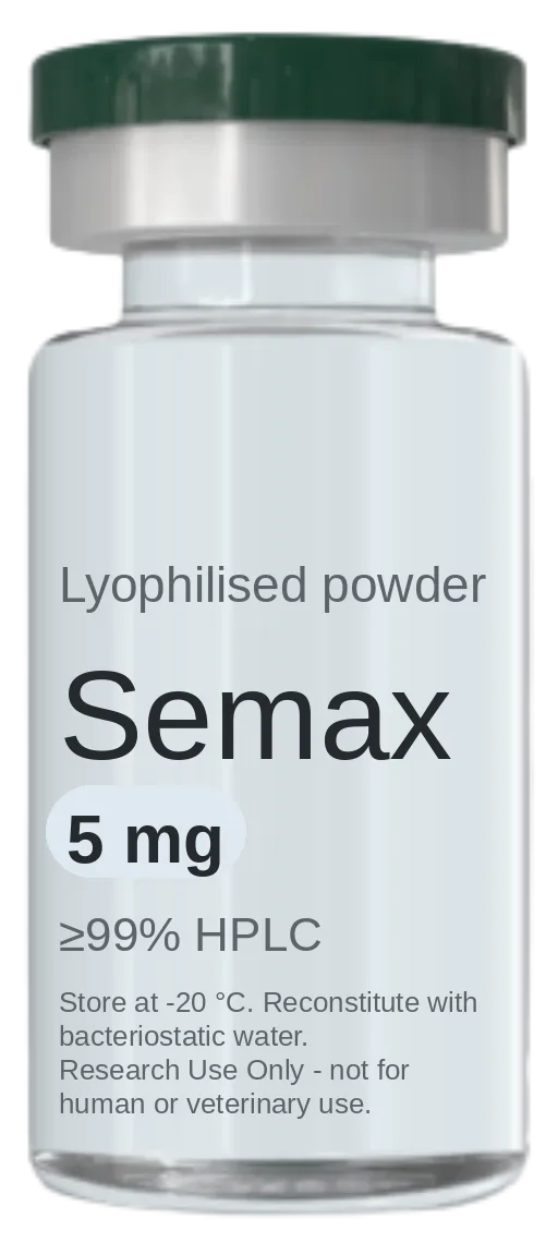 Vial de Semax 5 mg — péptido de investigación liofilizado, ≥99% HPLC, rotulado solo para uso en investigación