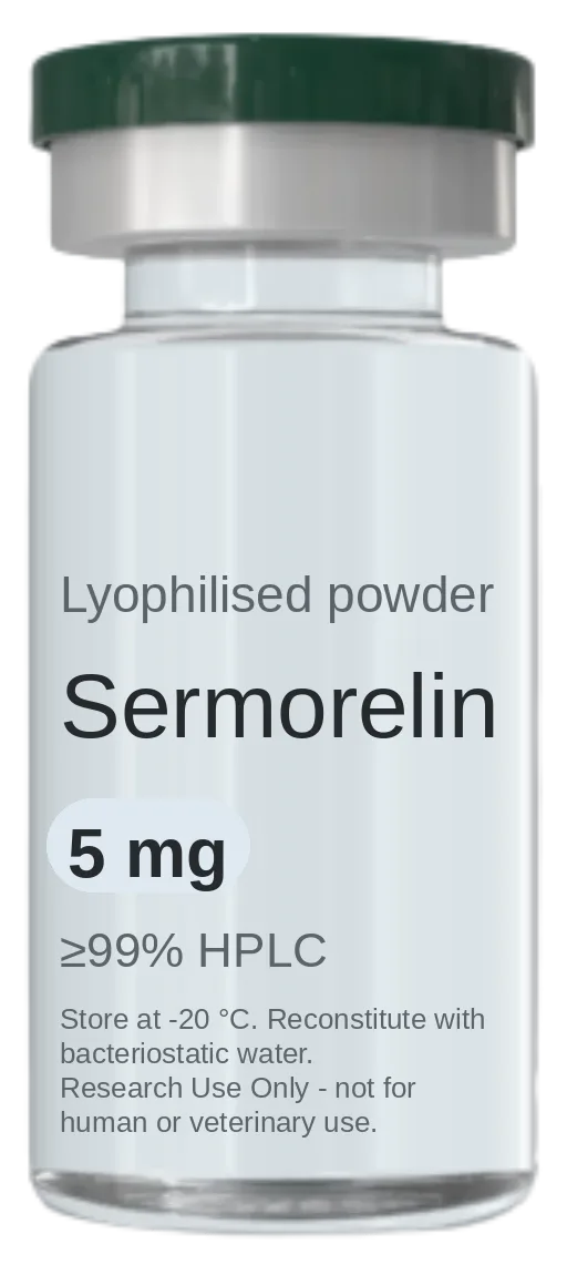Vial de Sermorelin 5 mg — péptido de investigación liofilizado, ≥99% HPLC, rotulado solo para uso en investigación