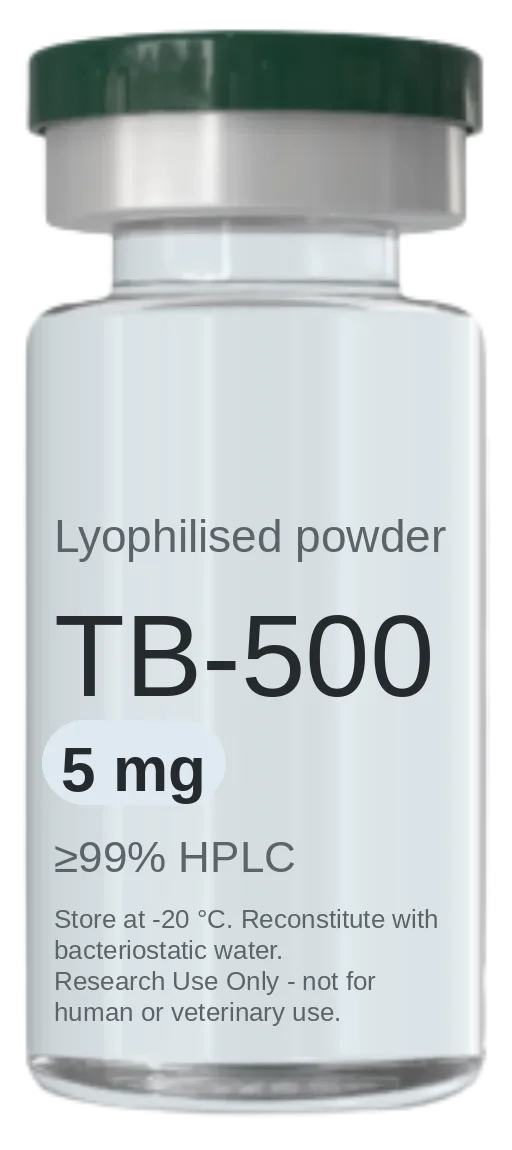 Vial de TB-500 (Thymosin Beta-4 fragment) 5 mg — péptido de investigación liofilizado, ≥99% HPLC, rotulado solo para uso en investigación