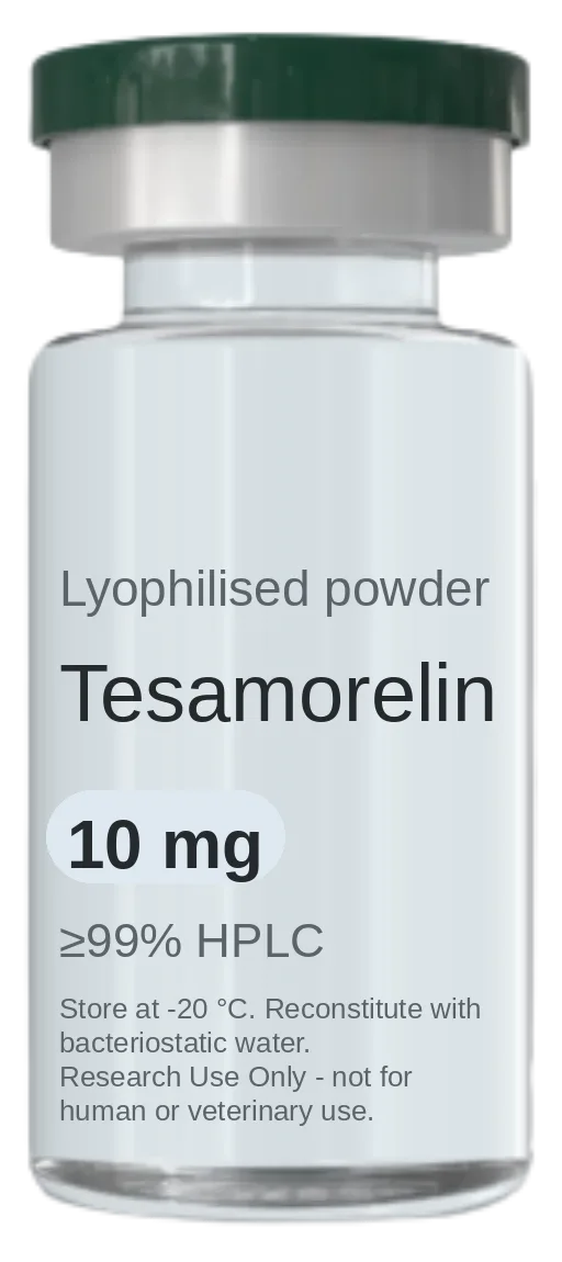 Vial de Tesamorelin 10 mg — péptido de investigación liofilizado, ≥99% HPLC, rotulado solo para uso en investigación