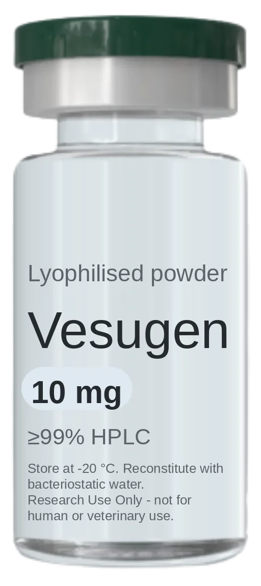 Vial de Vesugen 10 mg — péptido de investigación liofilizado, ≥99% HPLC, rotulado solo para uso en investigación